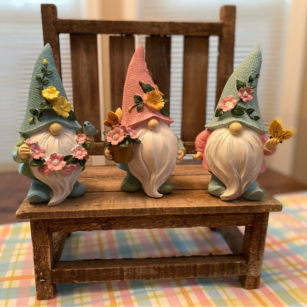 Spring Garden Gnomes Set Of 3, Colorful Resin Spring Floral & Butterfly Gnomes